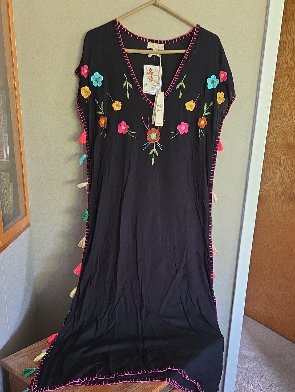 NWT Lovestitch Black Embroidered Floral Caftan with Multicolor Tassels